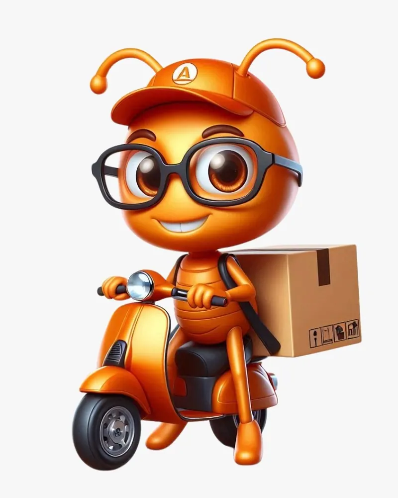 A formiguinha da Gráfica Fácil de boné, numa scooter laranja, levando uma caixa